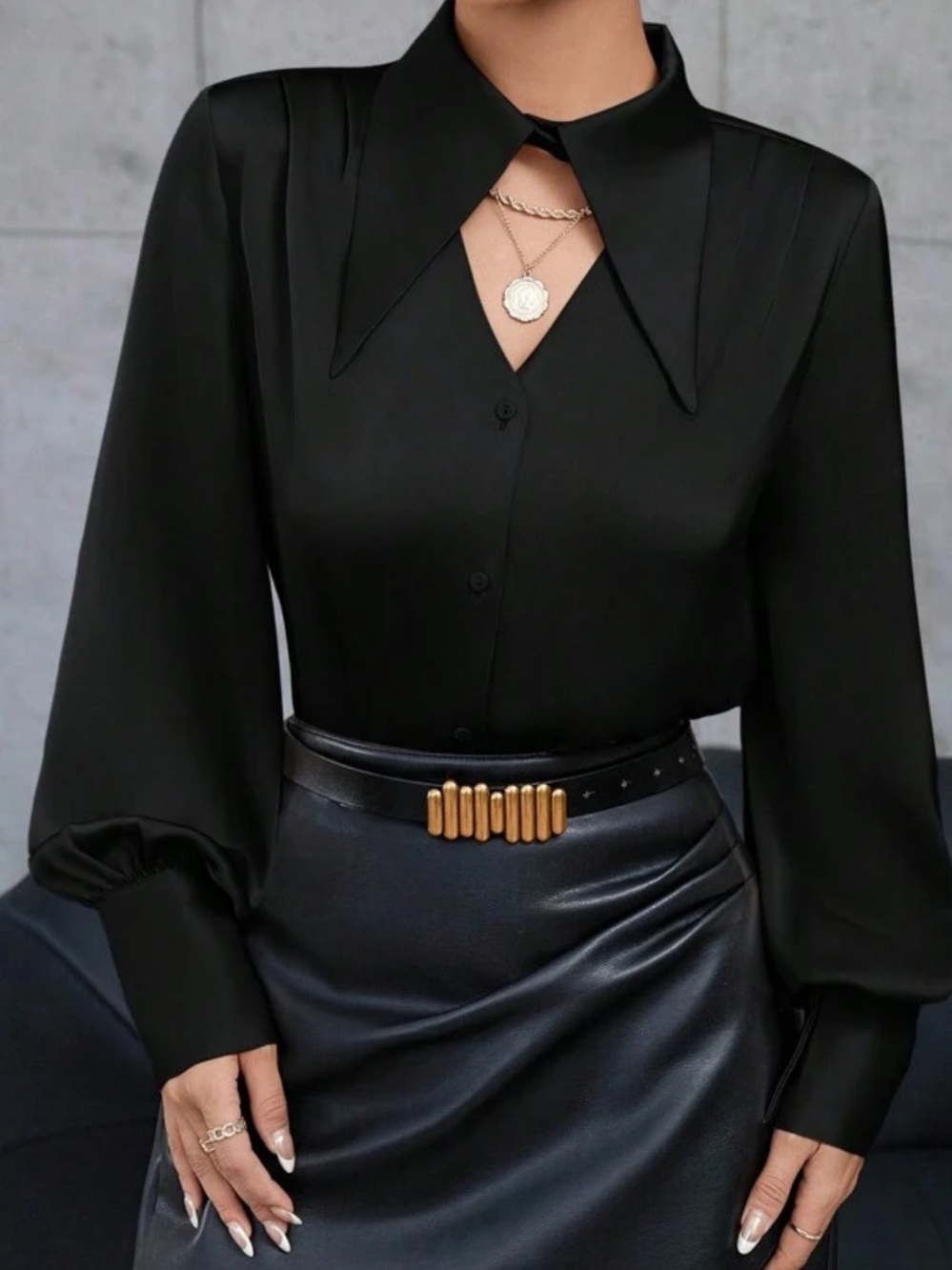 Elegant Black Button-Down Satin Blouse with Pointed Collar